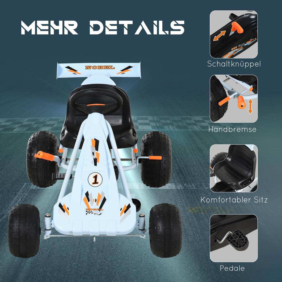 Pedal go-kart pedal vehicle from 3 years with adjustable seat, steel, light blue, 97x66x59cm