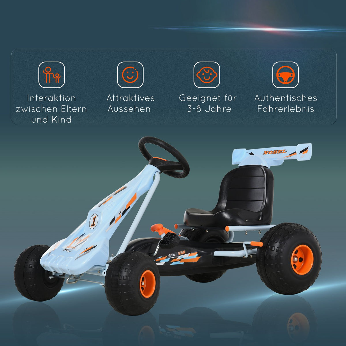 Pedal go-kart pedal vehicle from 3 years with adjustable seat, steel, light blue, 97x66x59cm