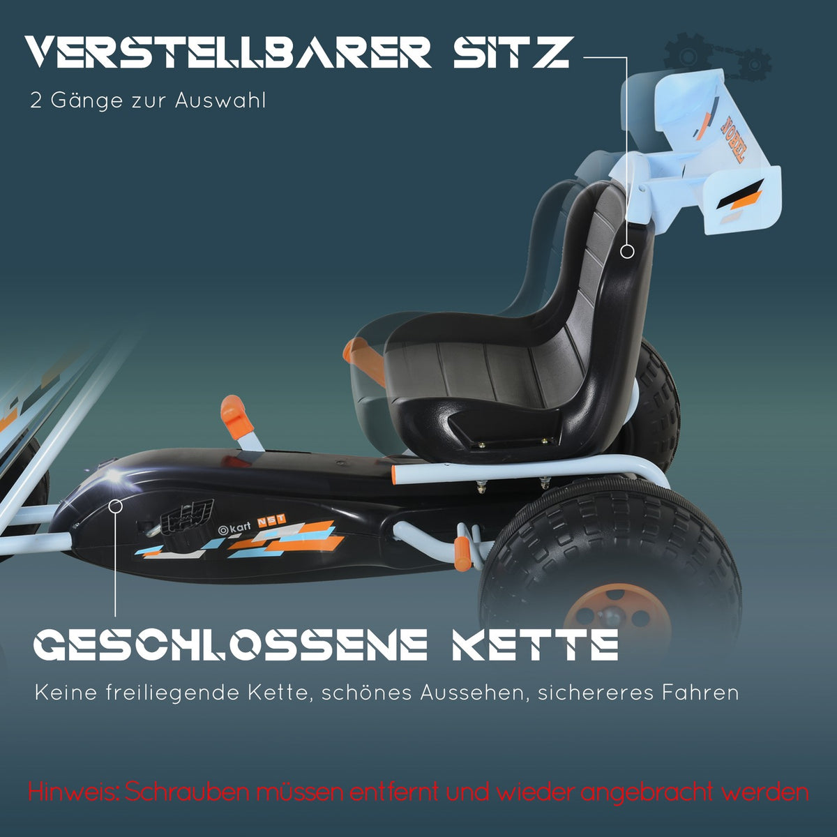 Pedal go-kart pedal vehicle from 3 years with adjustable seat, steel, light blue, 97x66x59cm