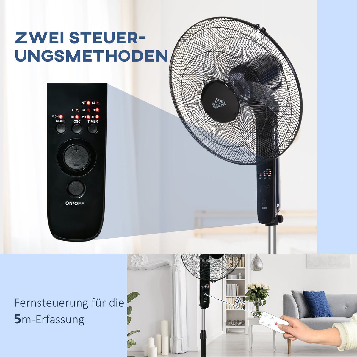 Pedestal Fan With Remote Control, Height Adjustable, 3 Speed Levels, Metal, Adjustable Tilt Angle