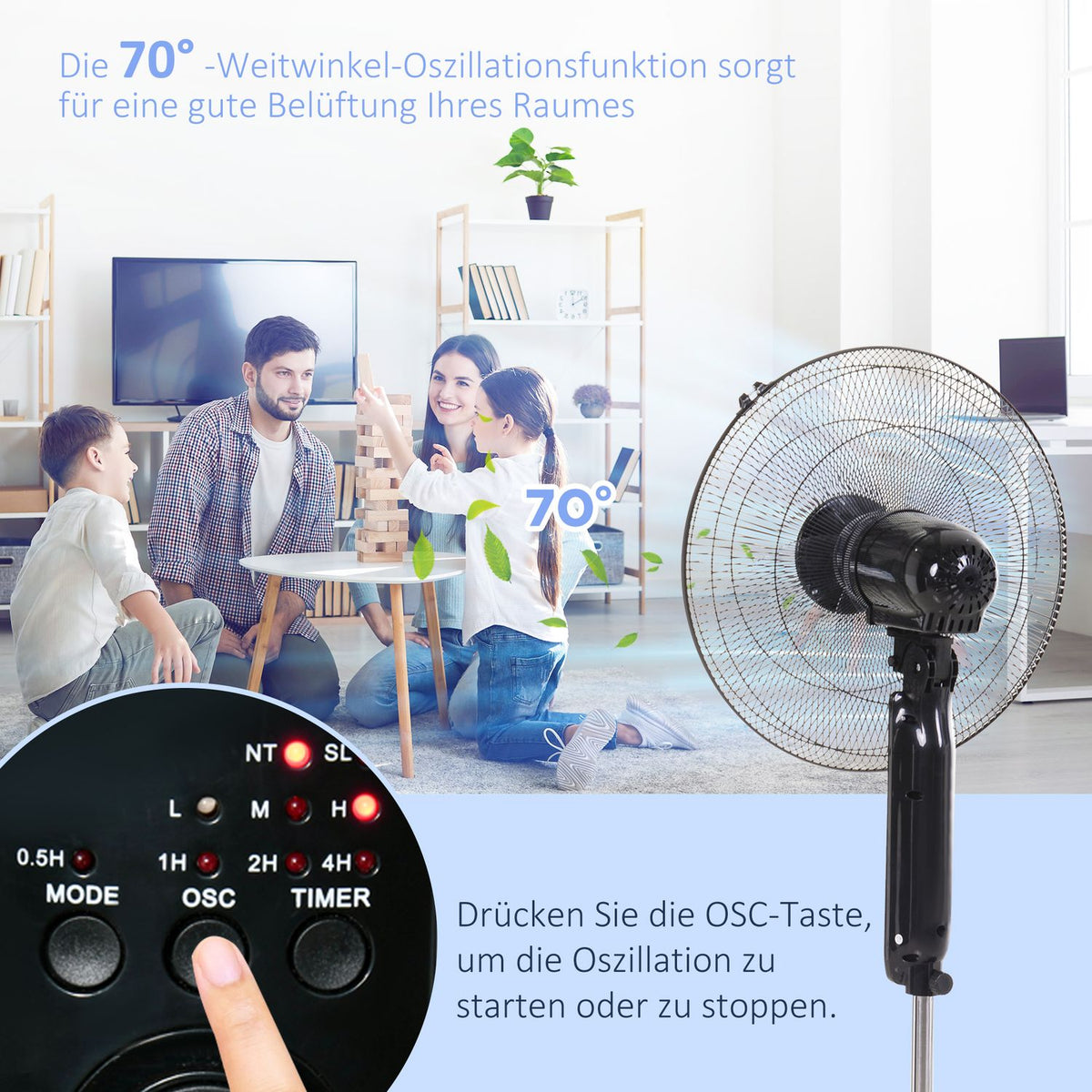 Pedestal Fan With Remote Control, Height Adjustable, 3 Speed Levels, Metal, Adjustable Tilt Angle