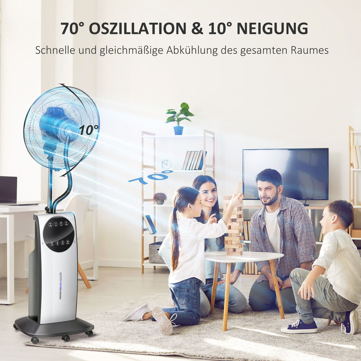 Pedestal Fan With Spray Mist 90W Cooling Fan, 3.1L Water Tank, 3 Air Modes, Wheels, Remote Control, Black