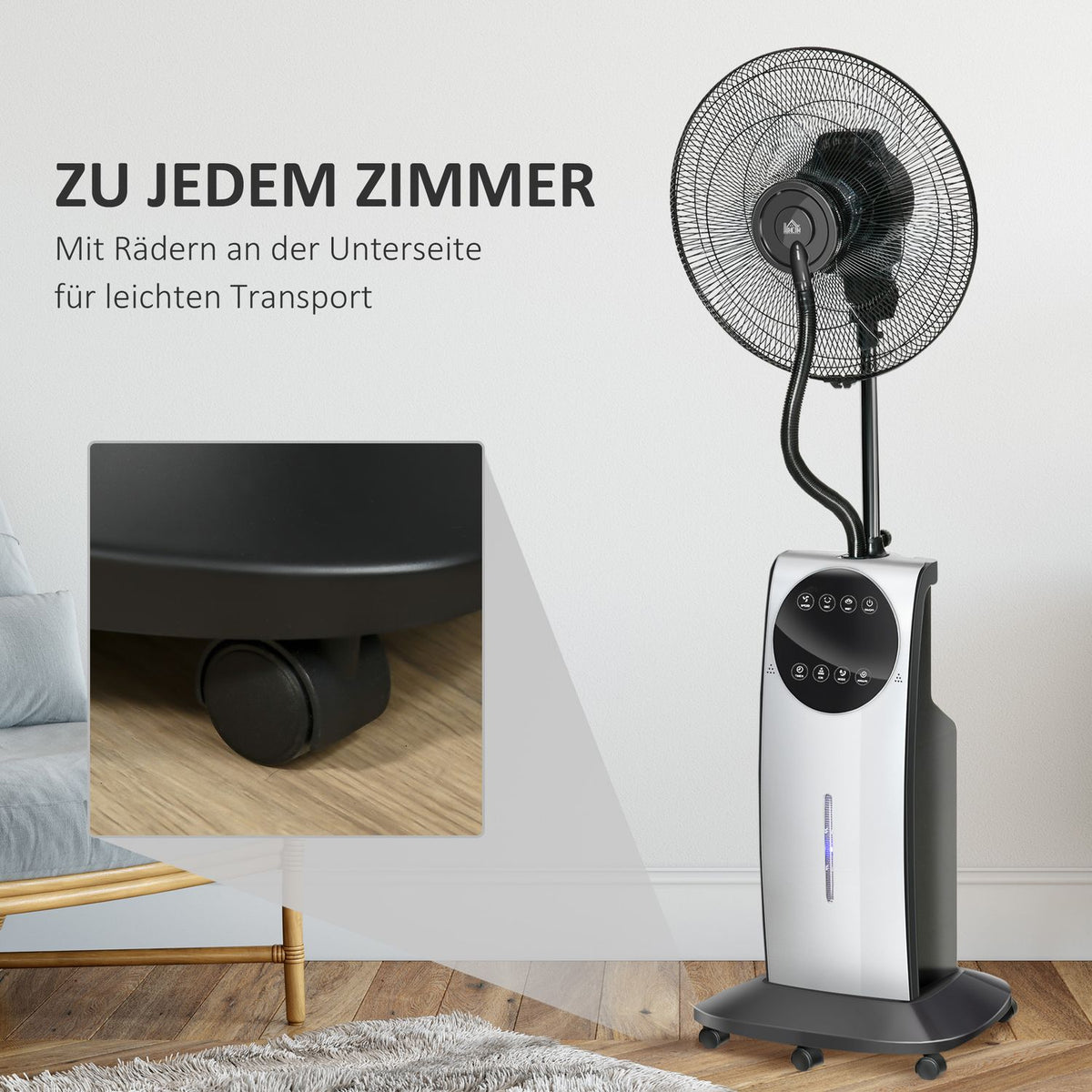 Pedestal Fan With Spray Mist 90W Cooling Fan, 3.1L Water Tank, 3 Air Modes, Wheels, Remote Control, Black