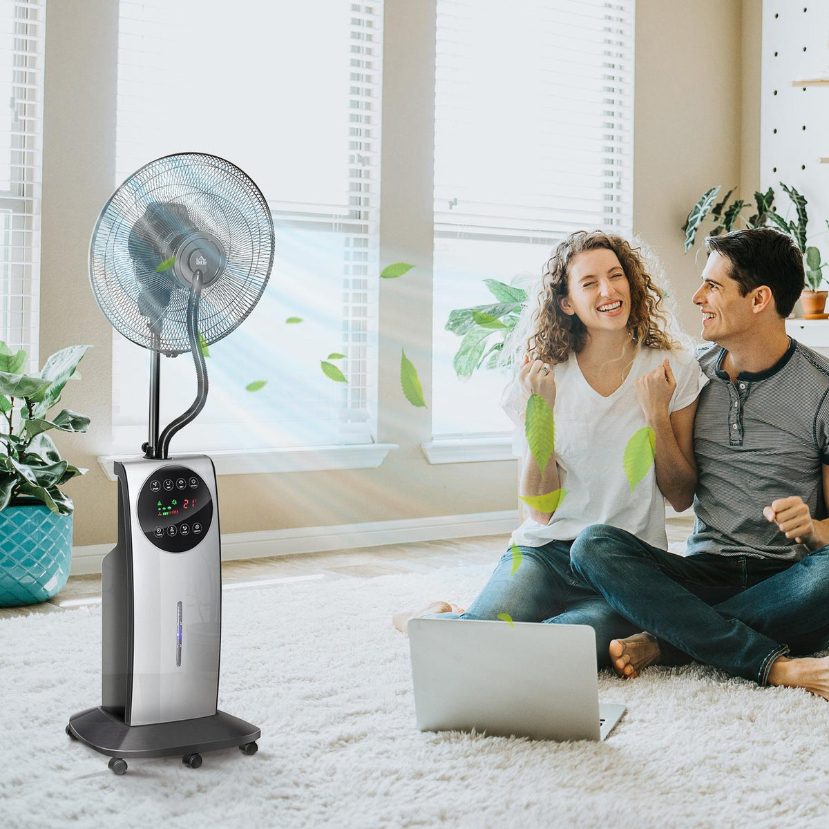 Pedestal Fan With Spray Mist 90W Cooling Fan, 3.1L Water Tank, 3 Air Modes, Wheels, Remote Control, Black