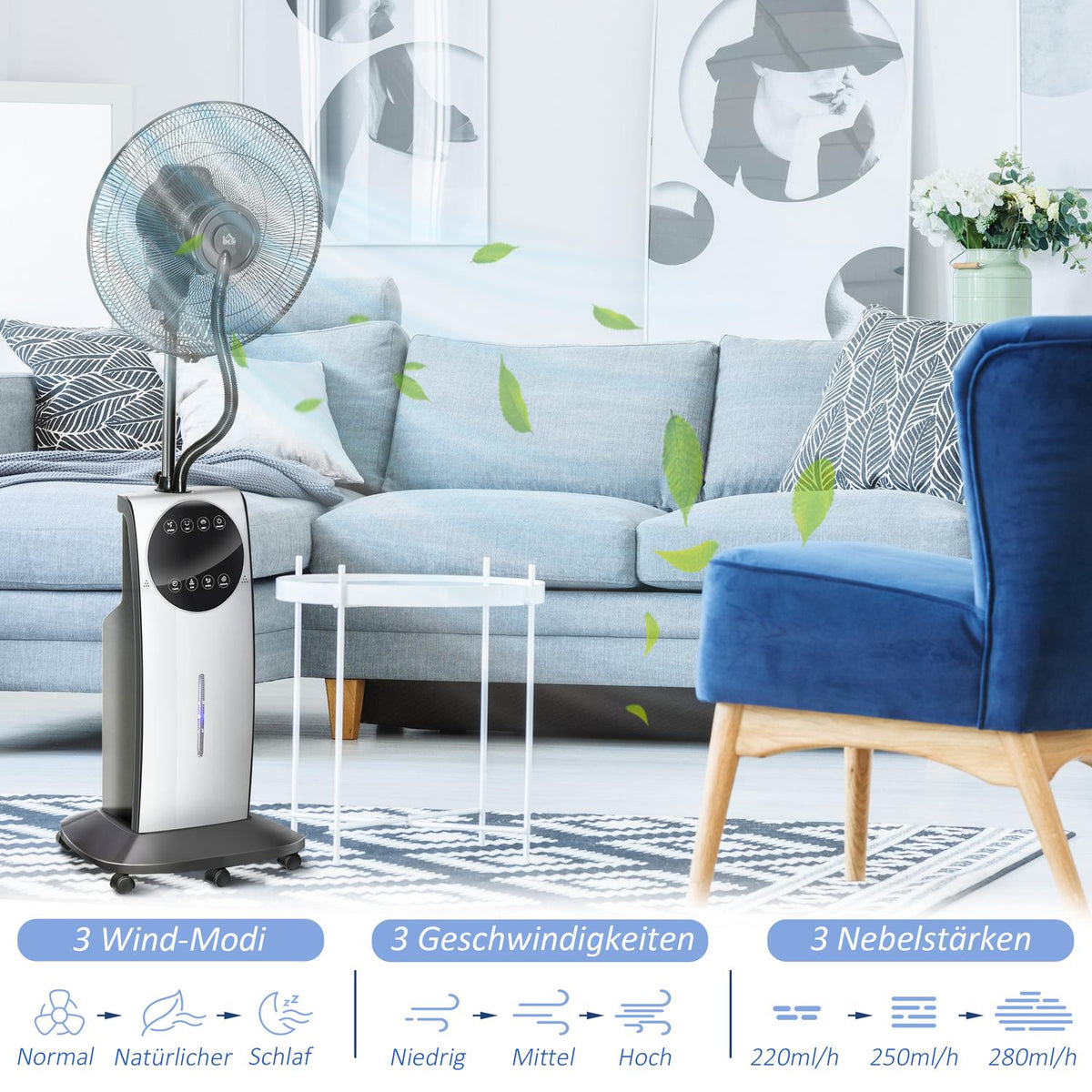 Pedestal Fan With Spray Mist 90W Cooling Fan, 3.1L Water Tank, 3 Air Modes, Wheels, Remote Control, Black