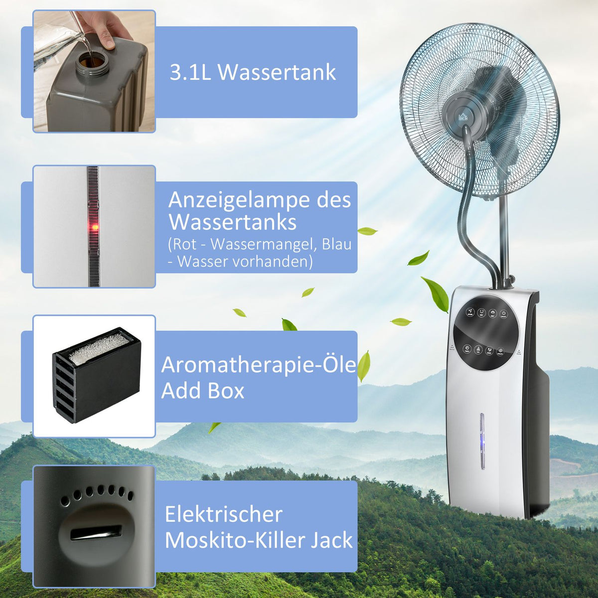 Pedestal Fan With Spray Mist 90W Cooling Fan, 3.1L Water Tank, 3 Air Modes, Wheels, Remote Control, Black