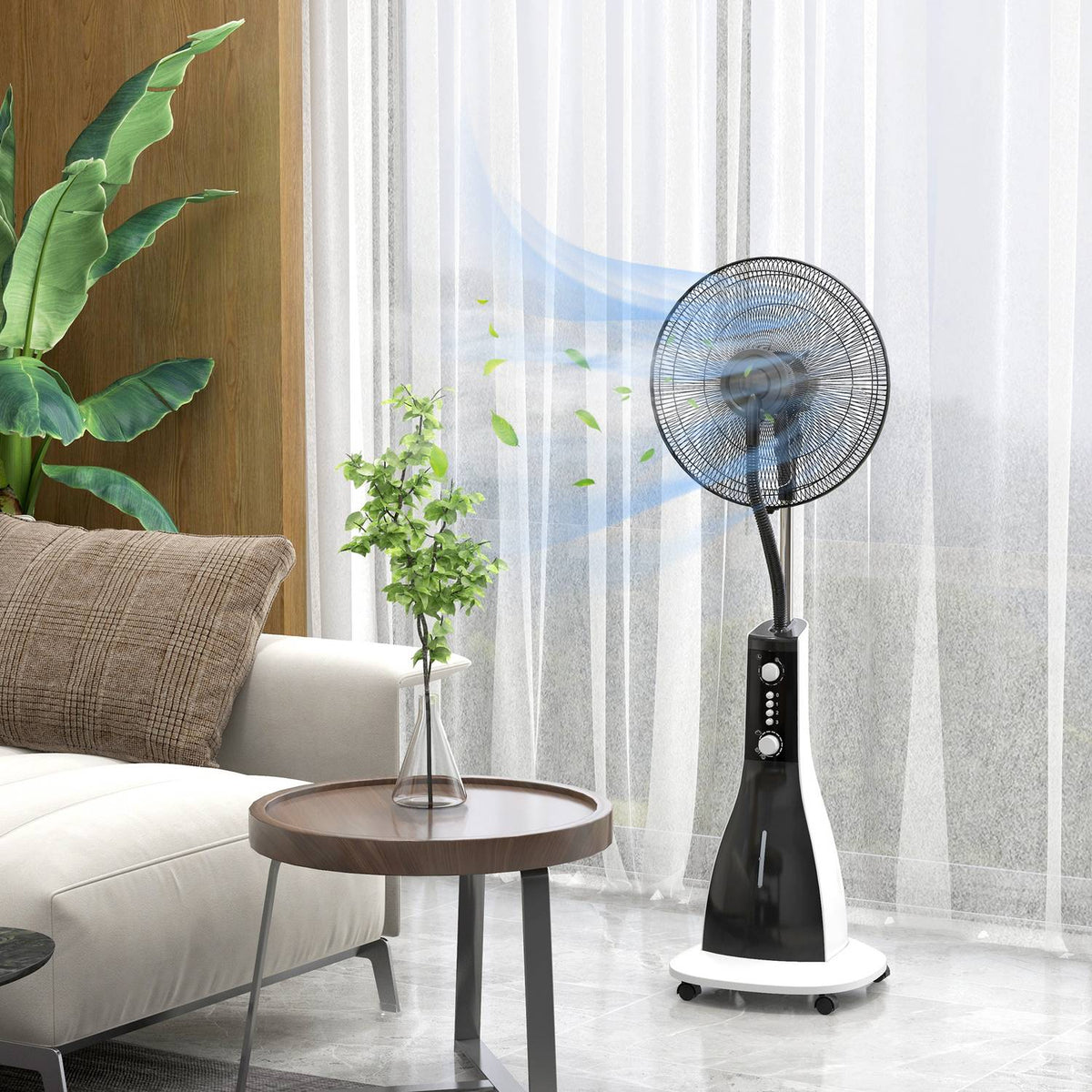 Pedestal Fan With Water, 90W Fan With Mist Function, 3 Modes, 3L Water Tank Capacity, Timer Function, Rollers, Oscillating, Black
