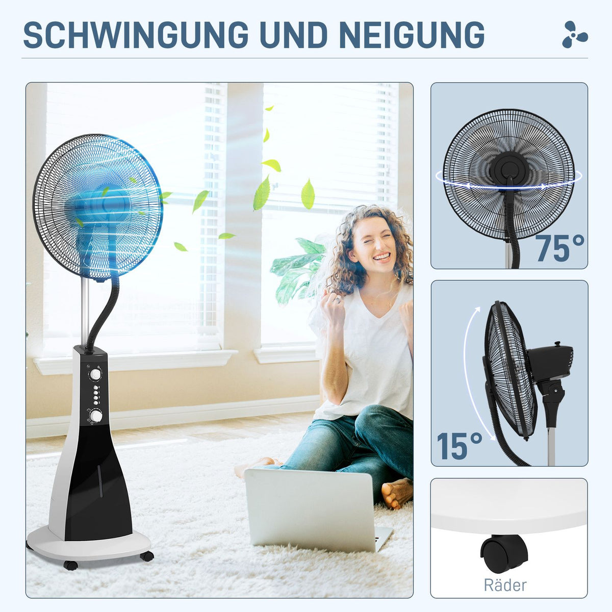 Pedestal Fan With Water, 90W Fan With Mist Function, 3 Modes, 3L Water Tank Capacity, Timer Function, Rollers, Oscillating, Black