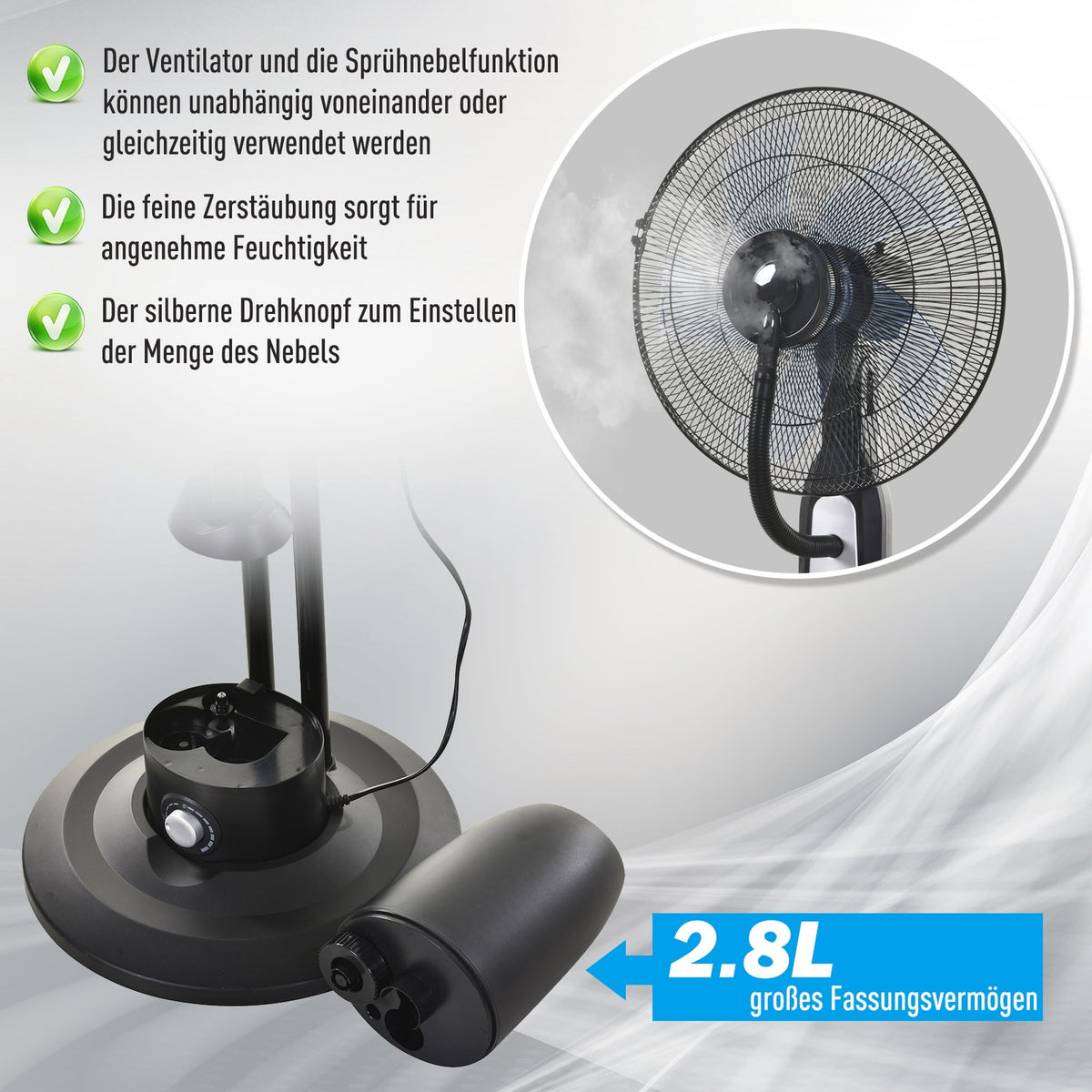 Pedestal Fan With Water Atomizer 2.8L, Mist Function, Adjustable Tilt Angle, Metal, Height 120Cm
