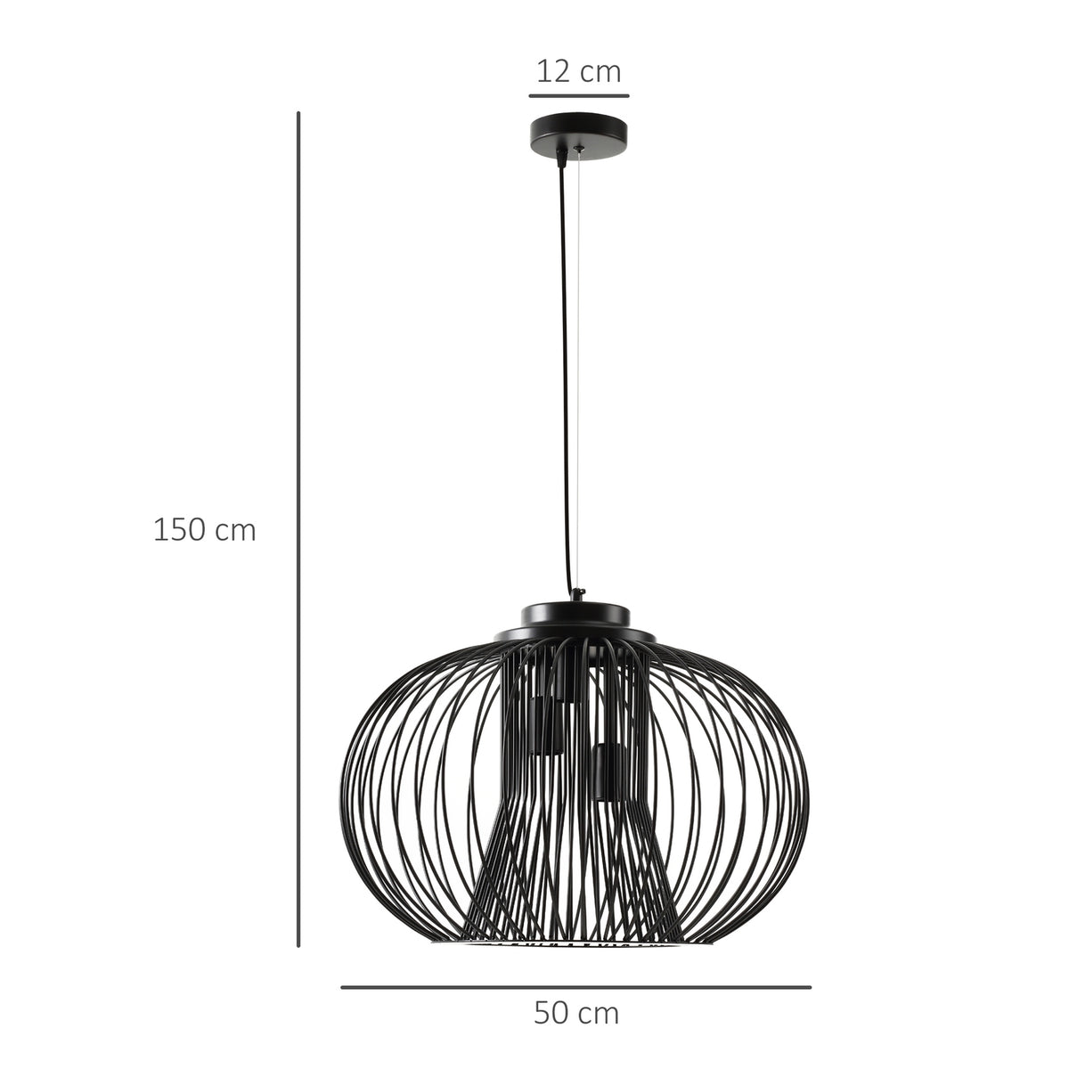 Pendant Light Industrial Style, Ball Pendant, E27, Adjustable Length, Metal, Black, Ø50 X 150 Cm