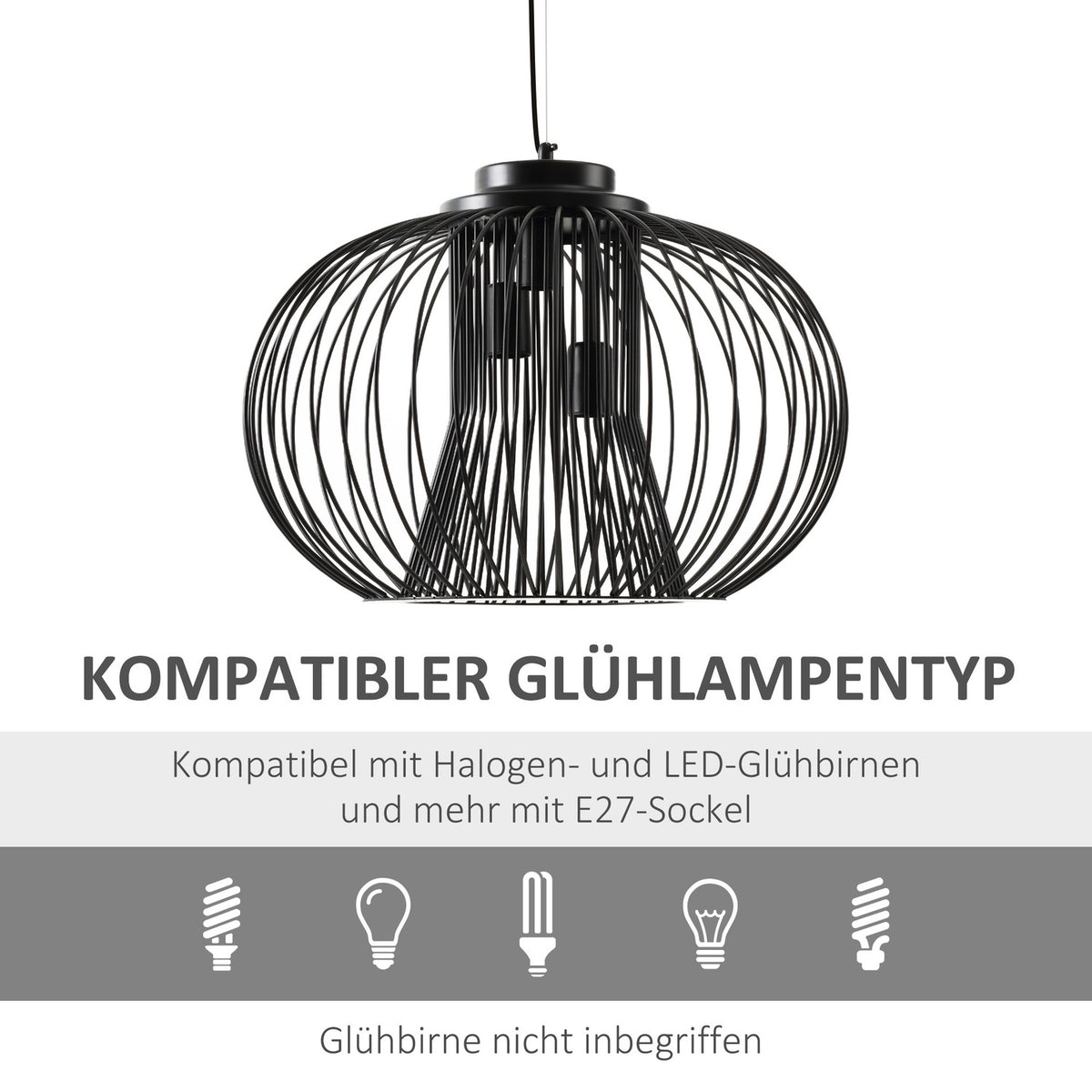 Pendant Light Industrial Style, Ball Pendant, E27, Adjustable Length, Metal, Black, Ø50 X 150 Cm
