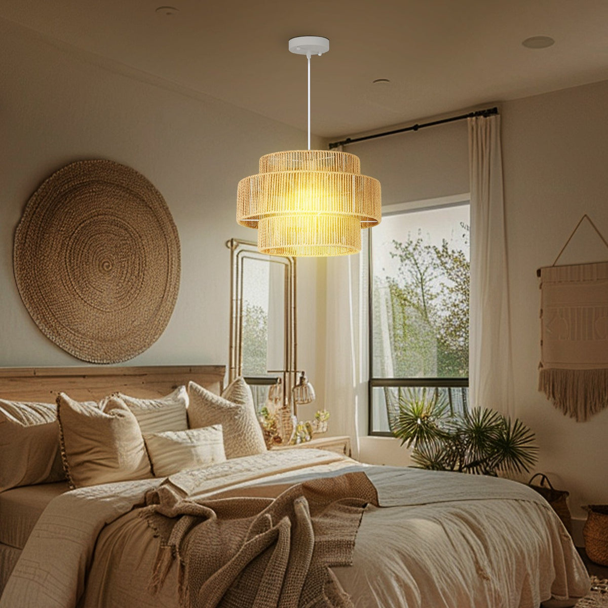 Pendant light hanging lamp with E27 socket, boho style, hanging light ceiling lamp with lampshade made of hemp rope for kitchen, dining room, light brown |