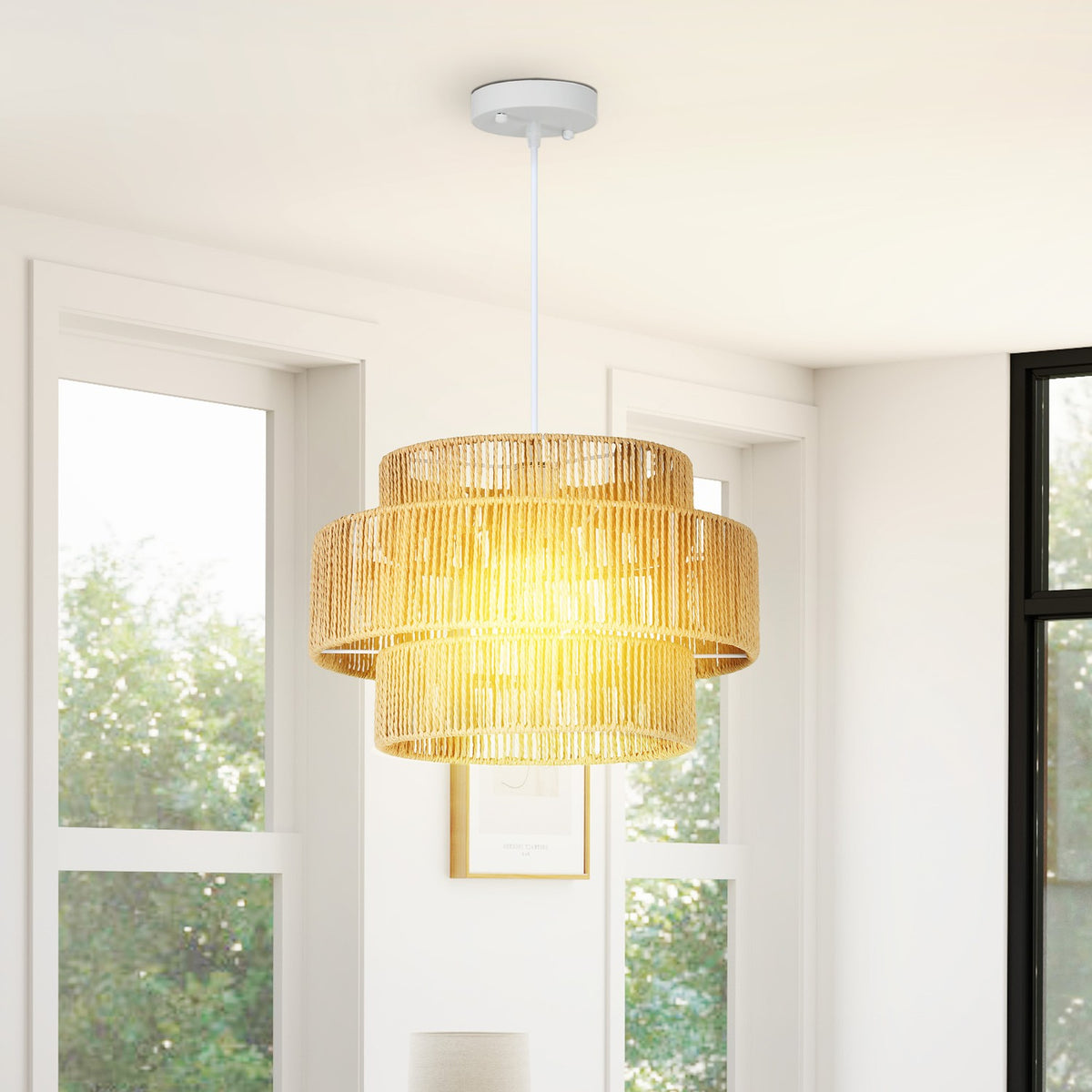 Pendant light hanging lamp with E27 socket, boho style, hanging light ceiling lamp with lampshade made of hemp rope for kitchen, dining room, light brown |