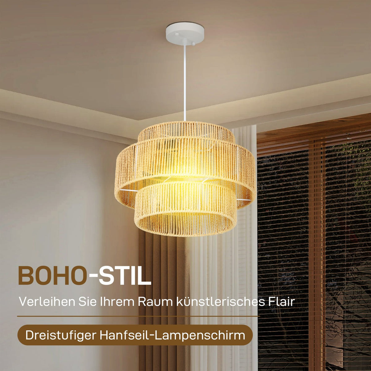 Pendant light hanging lamp with E27 socket, boho style, hanging light ceiling lamp with lampshade made of hemp rope for kitchen, dining room, light brown |
