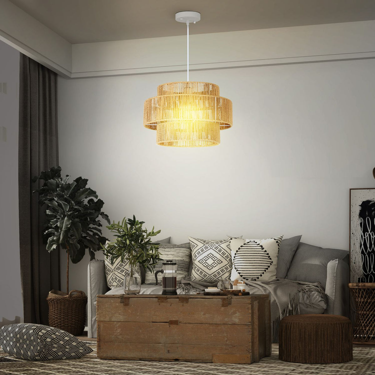 Pendant light hanging lamp with E27 socket, boho style, hanging light ceiling lamp with lampshade made of hemp rope for kitchen, dining room, light brown |