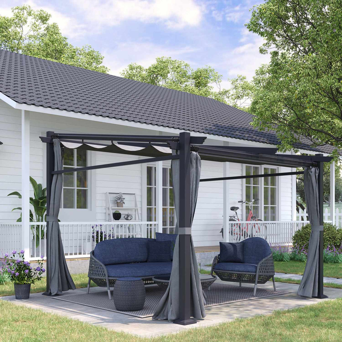 Pergola 2.97X2.95M Water-Repellent Gazebo With Sun Canopy & Side Panels, Polyester, Dark Gray