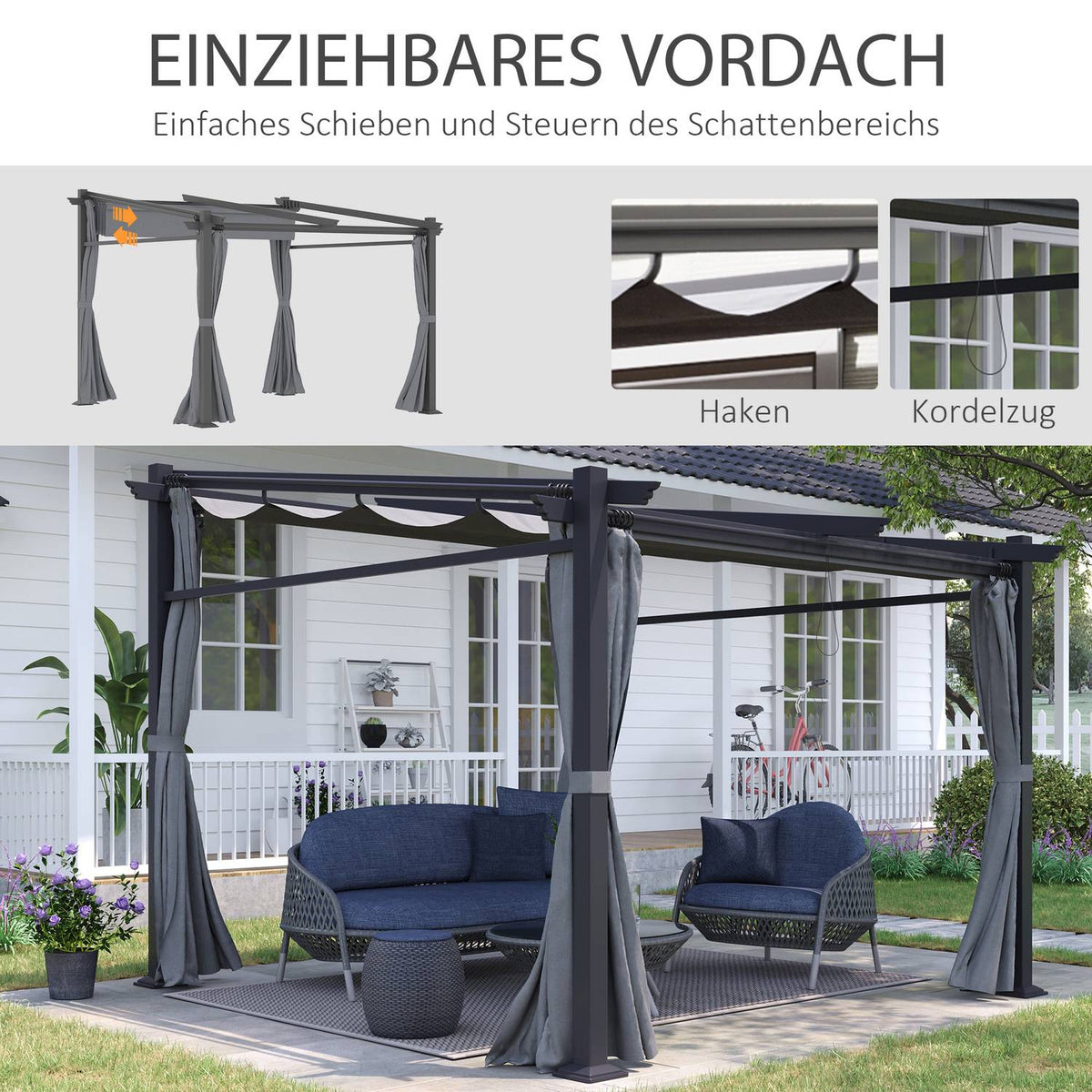 Pergola 2.97X2.95M Water-Repellent Gazebo With Sun Canopy & Side Panels, Polyester, Dark Gray