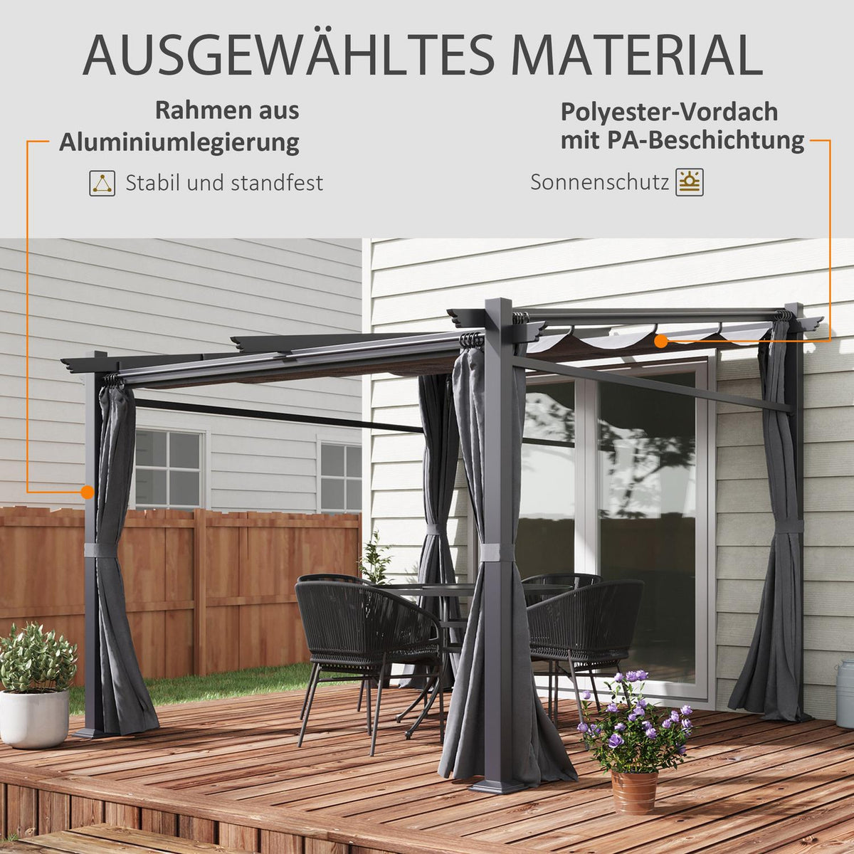 Pergola 2.97X2.95M Water-Repellent Gazebo With Sun Canopy & Side Panels, Polyester, Dark Gray