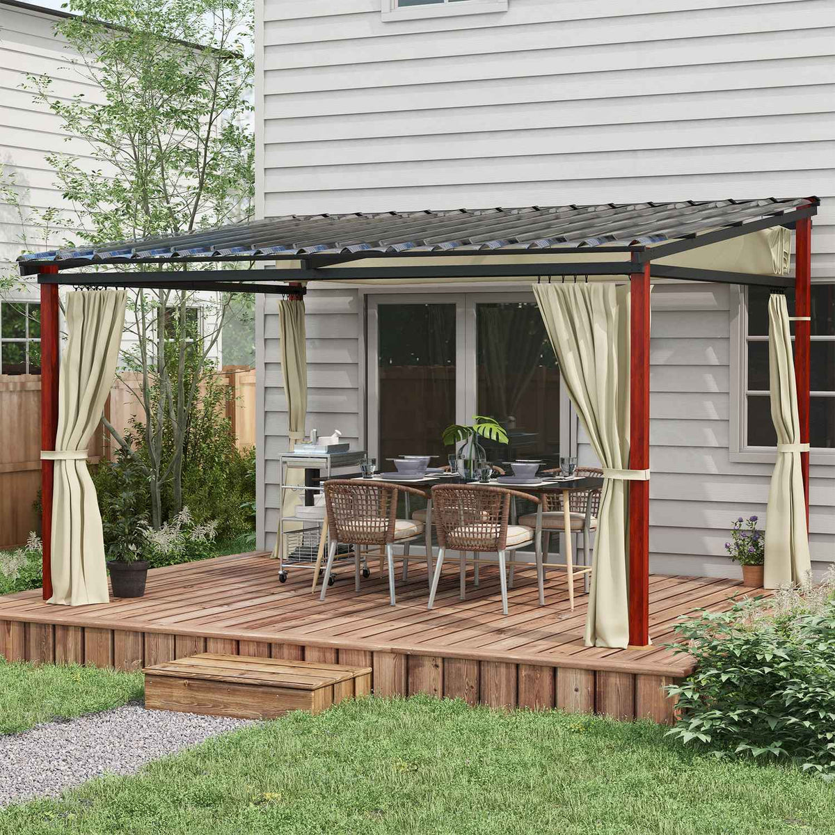 Pergola 3.5x3m pavilion with side walls, windproof, height-adjustable, retractable roof, beige for garden & terrace