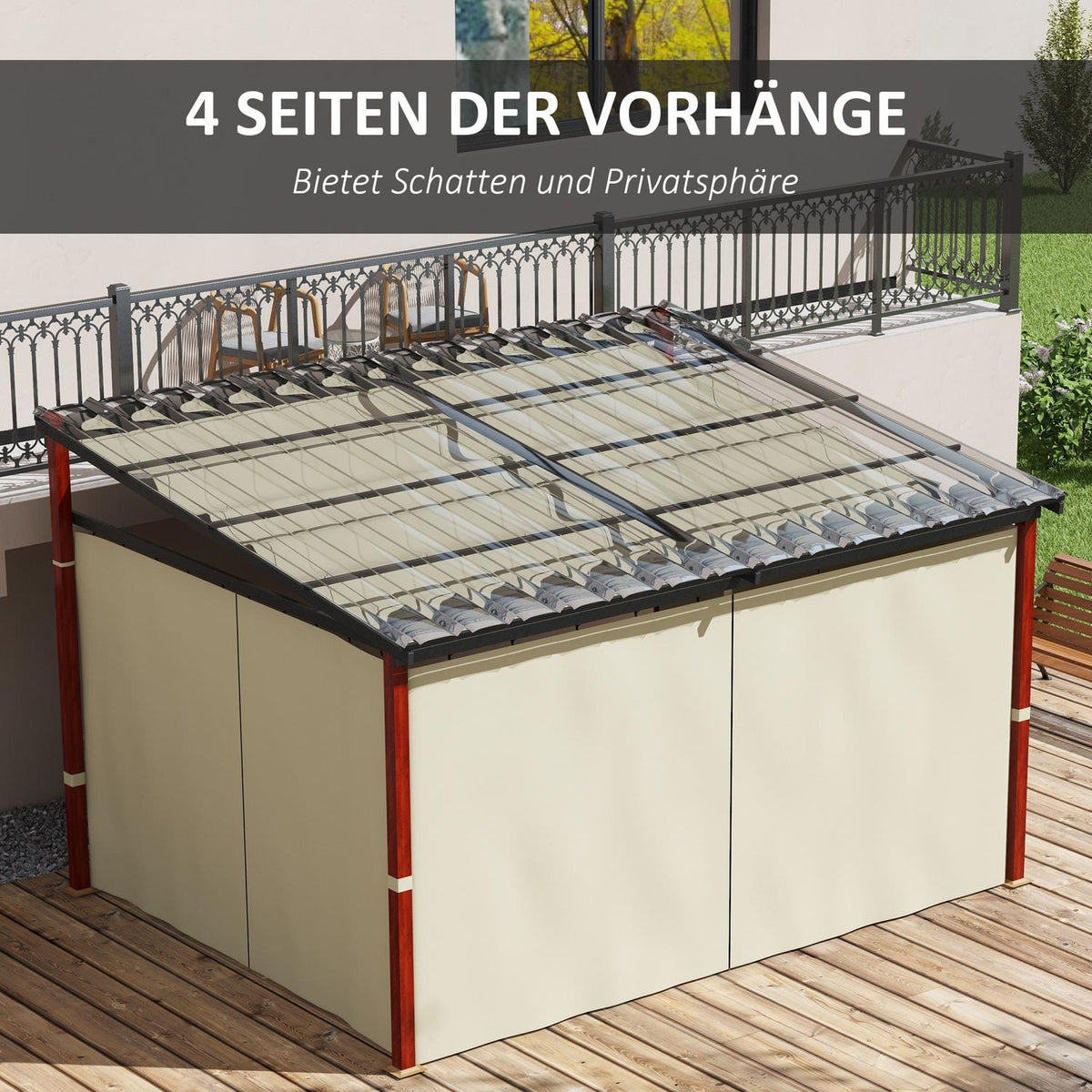 Pergola 3.5x3m pavilion with side walls, windproof, height-adjustable, retractable roof, beige for garden & terrace