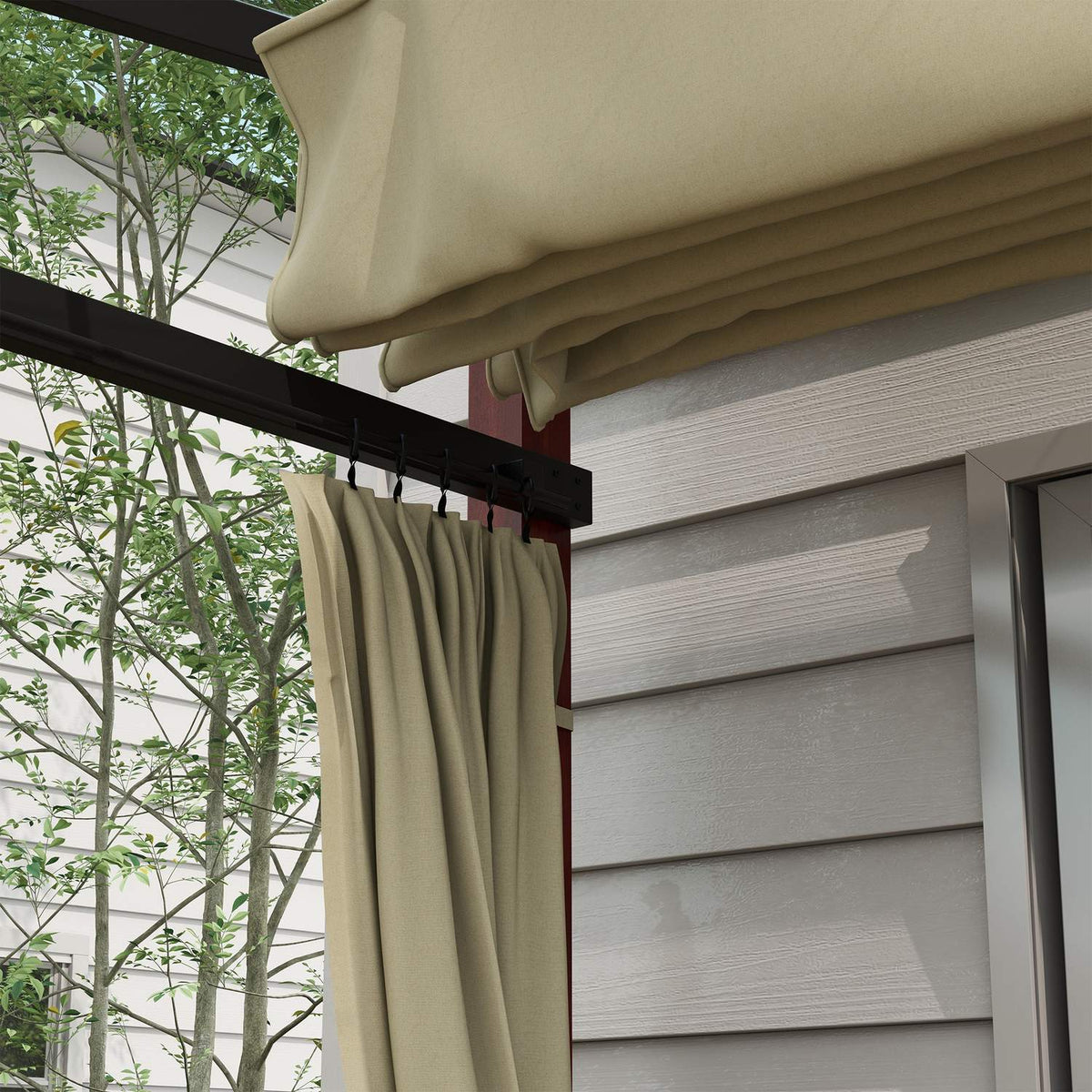 Pergola 3.5x3m pavilion with side walls, windproof, height-adjustable, retractable roof, beige for garden & terrace
