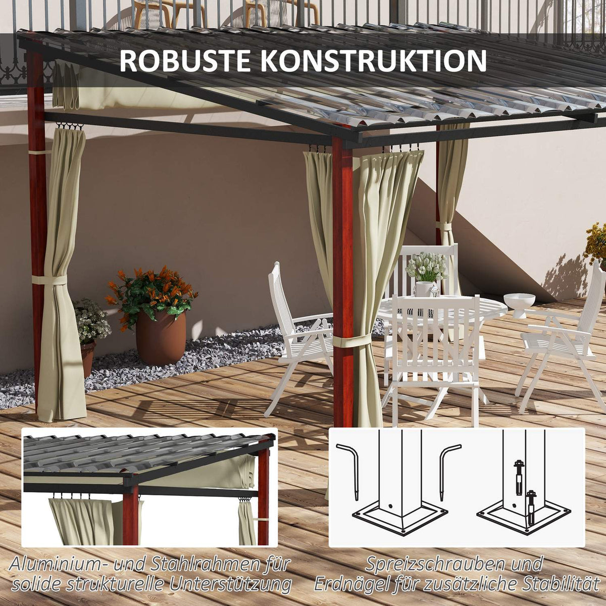 Pergola 3.5x3m pavilion with side walls, windproof, height-adjustable, retractable roof, beige for garden & terrace