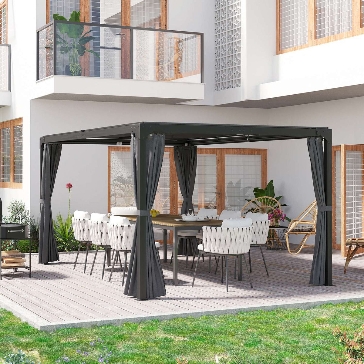 Pergola 4.2x2.95m terrace pavilion with extendable roof & curtains, steel + aluminum, dark gray
