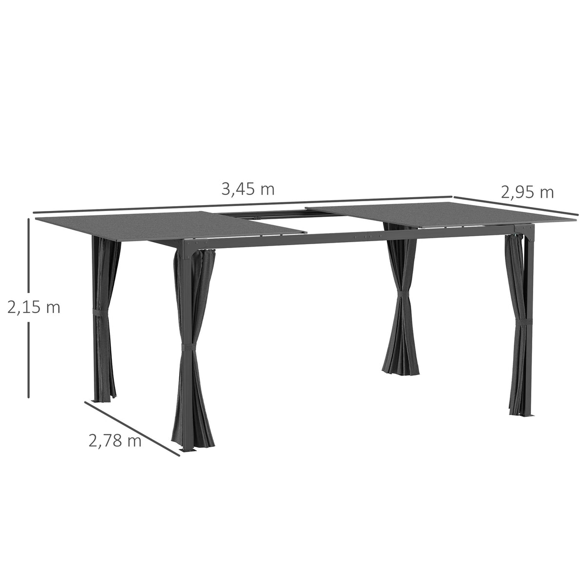 Pergola 4.2x2.95m terrace pavilion with extendable roof & curtains, steel + aluminum, dark gray