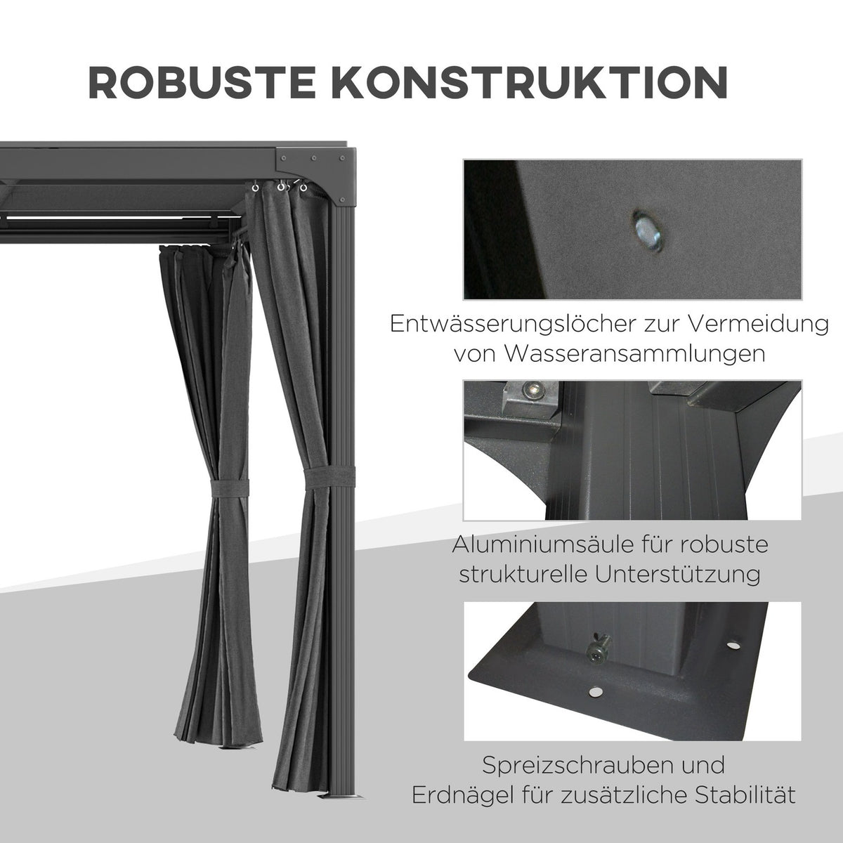 Pergola 4.2x2.95m terrace pavilion with extendable roof & curtains, steel + aluminum, dark gray