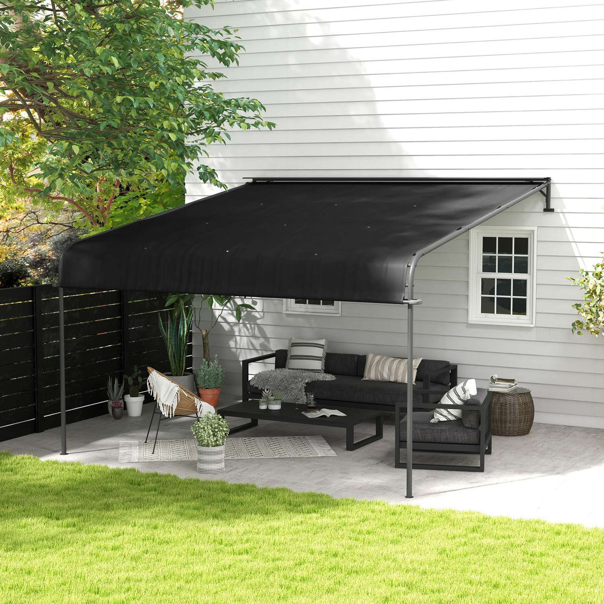 Pergola 4X3M Weatherproof Patio Canopy, Wall Mounted, Adjustable Roof, Steel, Dark Grey