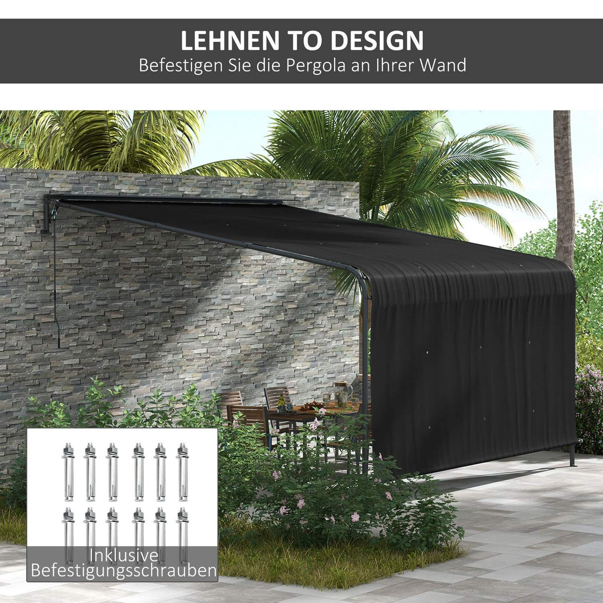 Pergola 4X3M Weatherproof Patio Canopy, Wall Mounted, Adjustable Roof, Steel, Dark Grey