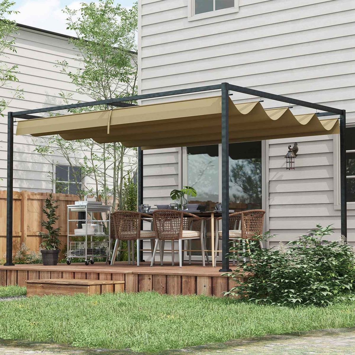 Pergola 4x3m Garden Pavilion, Patio Roofing Made of Steel, Garden Pavilion with Adjustable Roof, Freestanding, Sun Protection for Terrace and Garden, Khaki