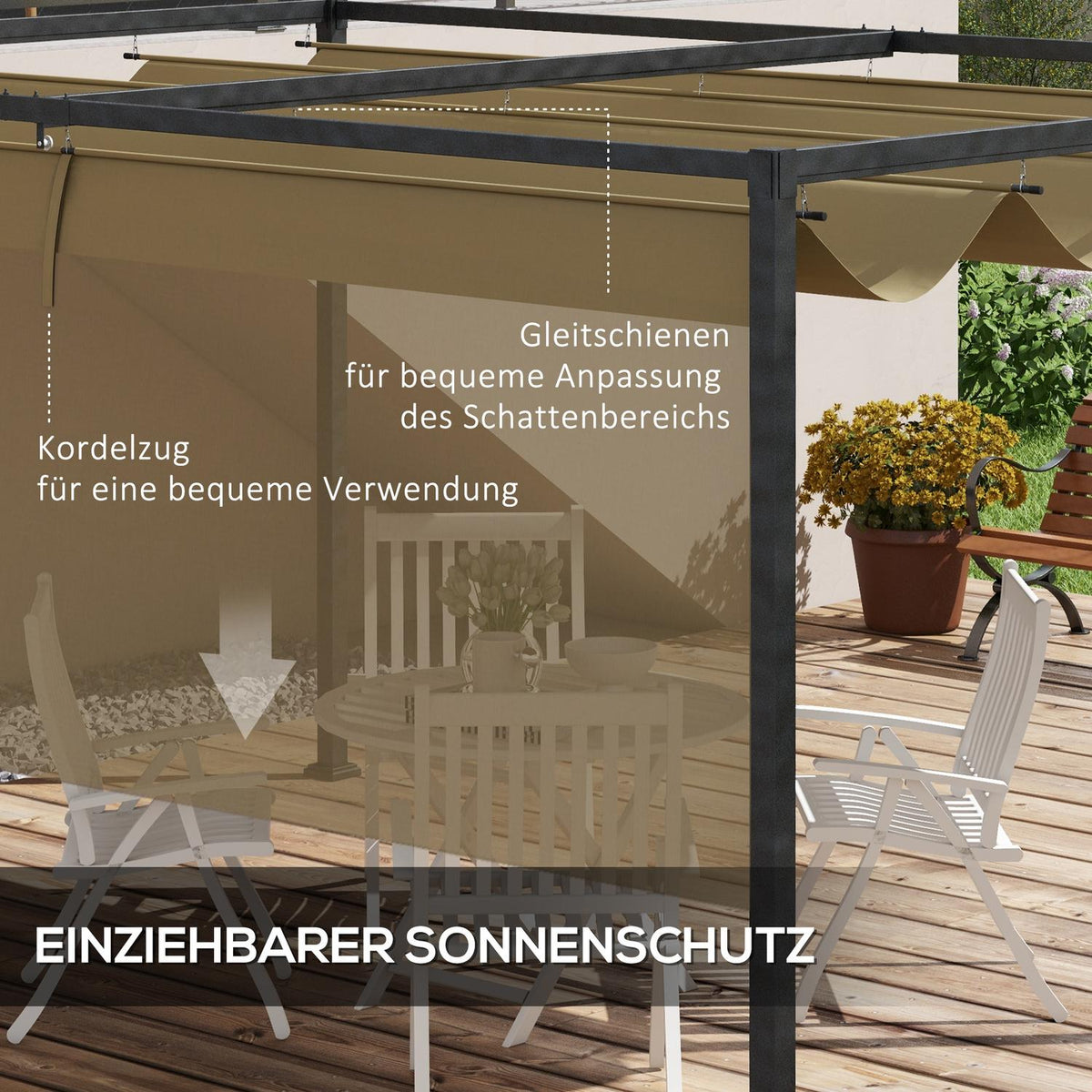 Pergola 4x3m Garden Pavilion, Patio Roofing Made of Steel, Garden Pavilion with Adjustable Roof, Freestanding, Sun Protection for Terrace and Garden, Khaki