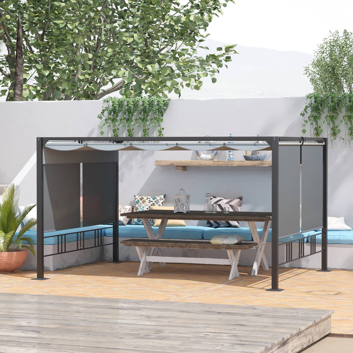 Pergola Garden Gazebo 3.9 X 2.9 M With Sun Canopy And 4 Automatic Roller Shutters Waterproof For Garden Aluminum Polyester Dark Gray
