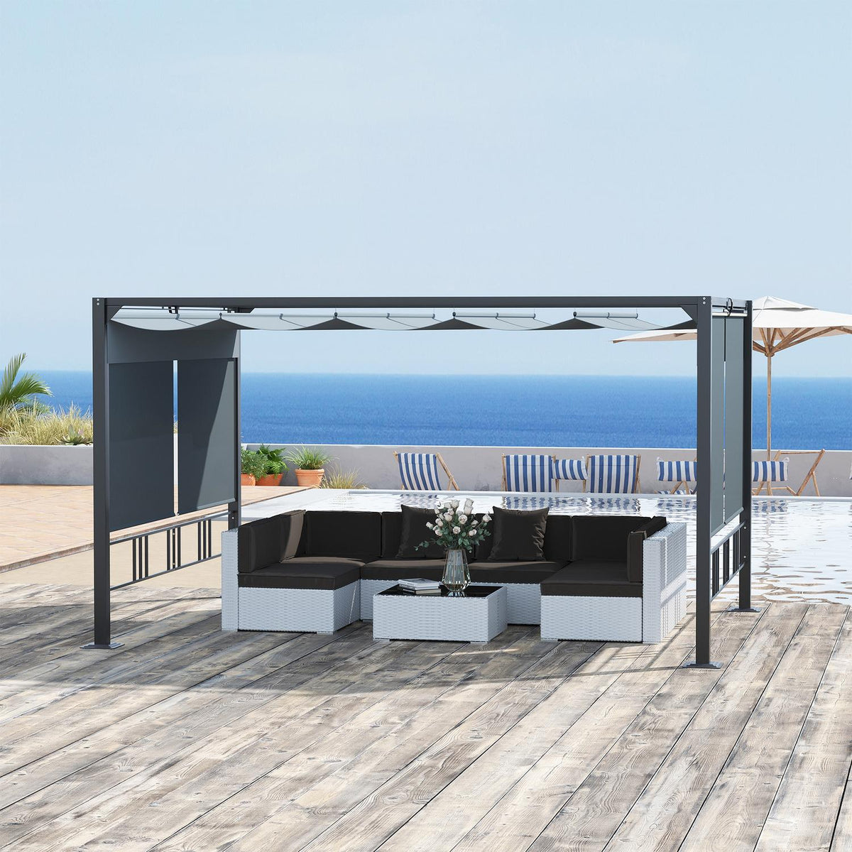 Pergola Garden Gazebo 3.9 X 2.9 M With Sun Canopy And 4 Automatic Roller Shutters Waterproof For Garden Aluminum Polyester Dark Gray