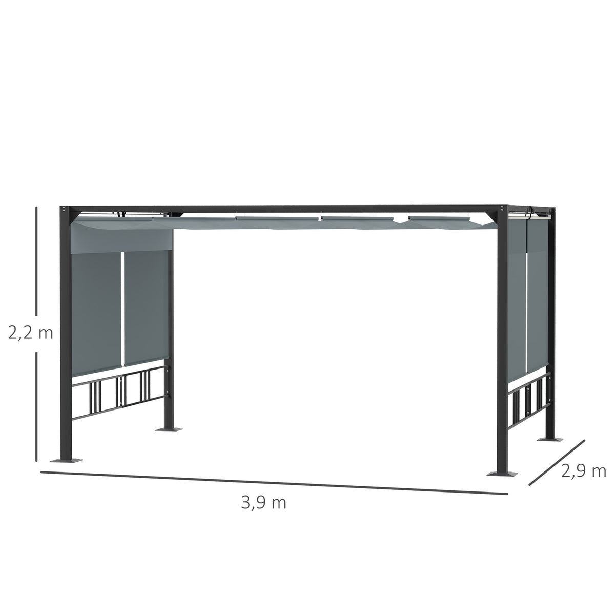 Pergola Garden Gazebo 3.9 X 2.9 M With Sun Canopy And 4 Automatic Roller Shutters Waterproof For Garden Aluminum Polyester Dark Gray