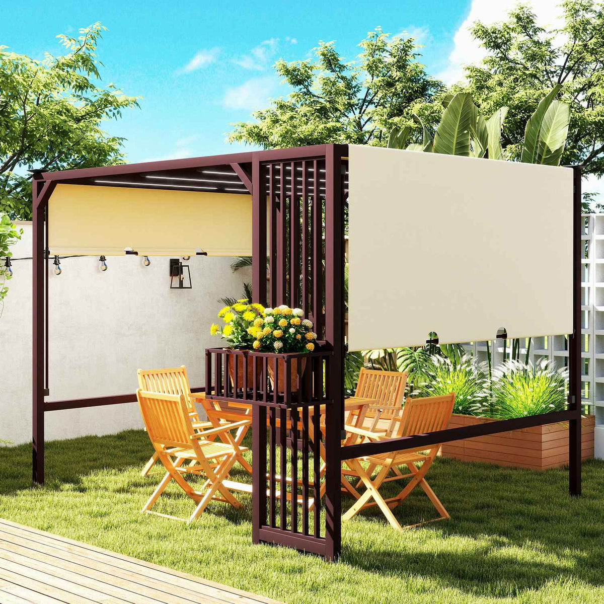 Pergola Gazebo 3x2.5m UV 30+Stable Winterproof Sun Protection with Adjustable Sliding Roof Privacy Screen Planters Freestanding Garden Gazebo Patio Canopy for Garden Balcony Dark Brown |