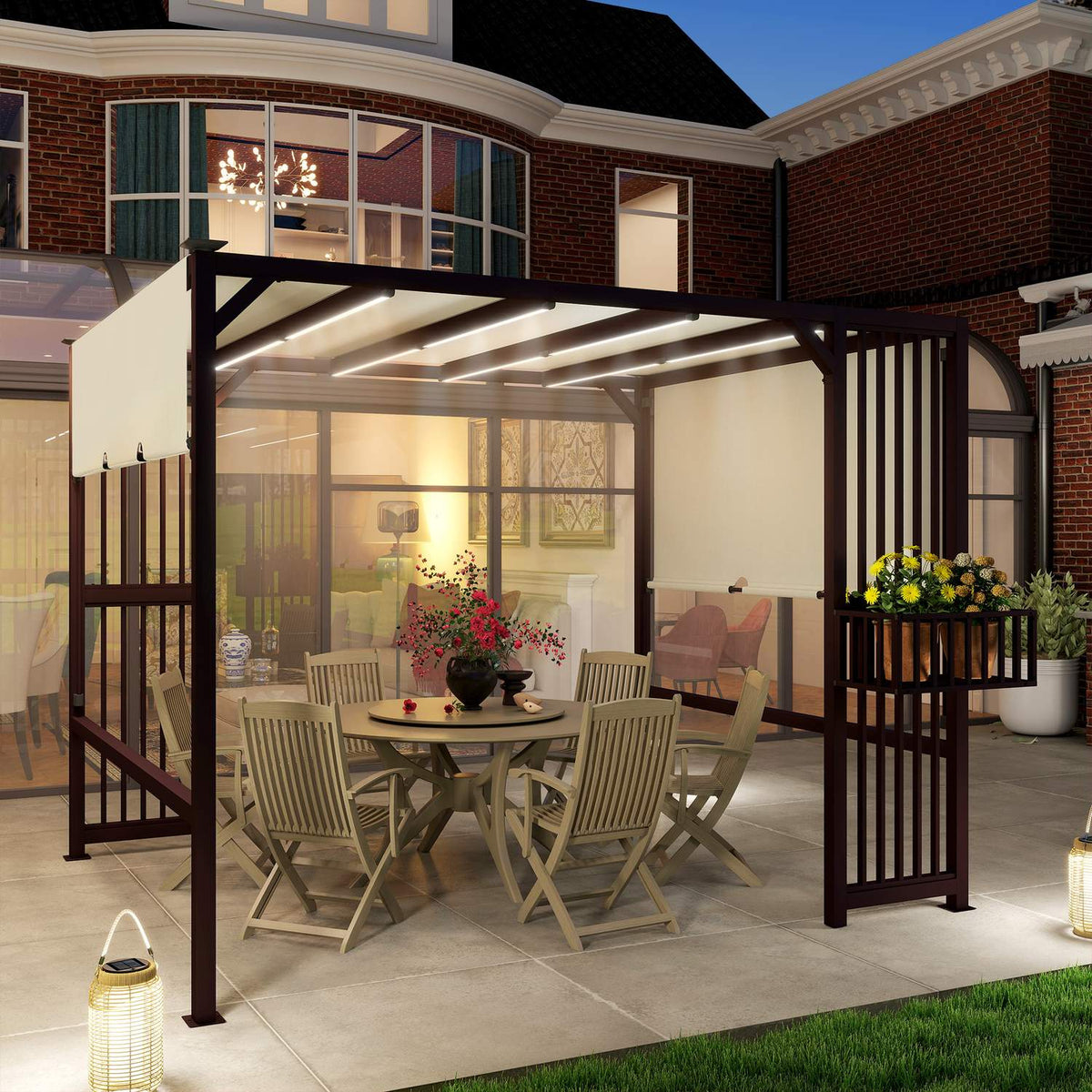 Pergola Gazebo 3x2.5m UV 30+Stable Winterproof Sun Protection with Adjustable Sliding Roof Privacy Screen Planters Freestanding Garden Gazebo Patio Canopy for Garden Balcony Dark Brown |