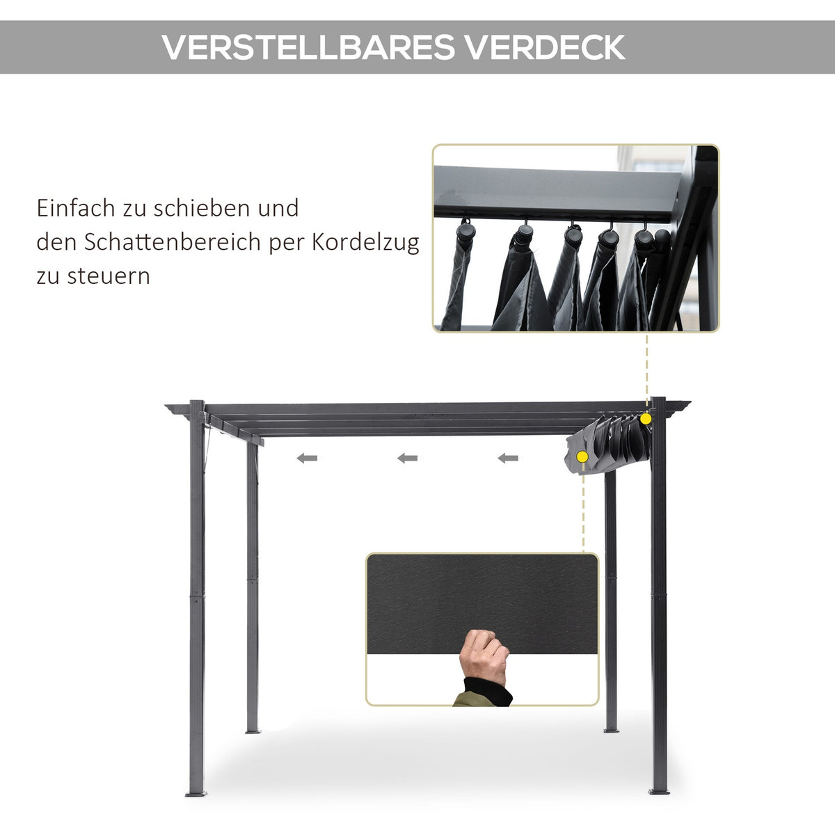 Pergola Gazebo Patio Canopy With Sliding Roof, Garden, Aluminum, Charcoal Gray + Dark Gray, 3X3X2.23M