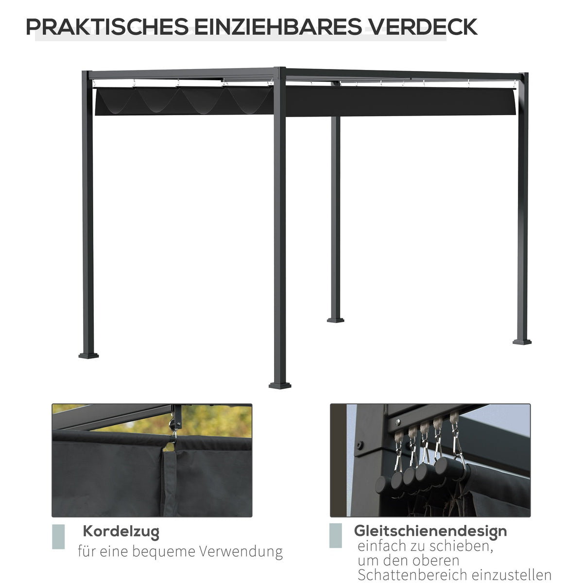 Pergola Gazebo Patio Canopy With Sliding Roof, Polyester, Black+Grey, 298X213X221Cm