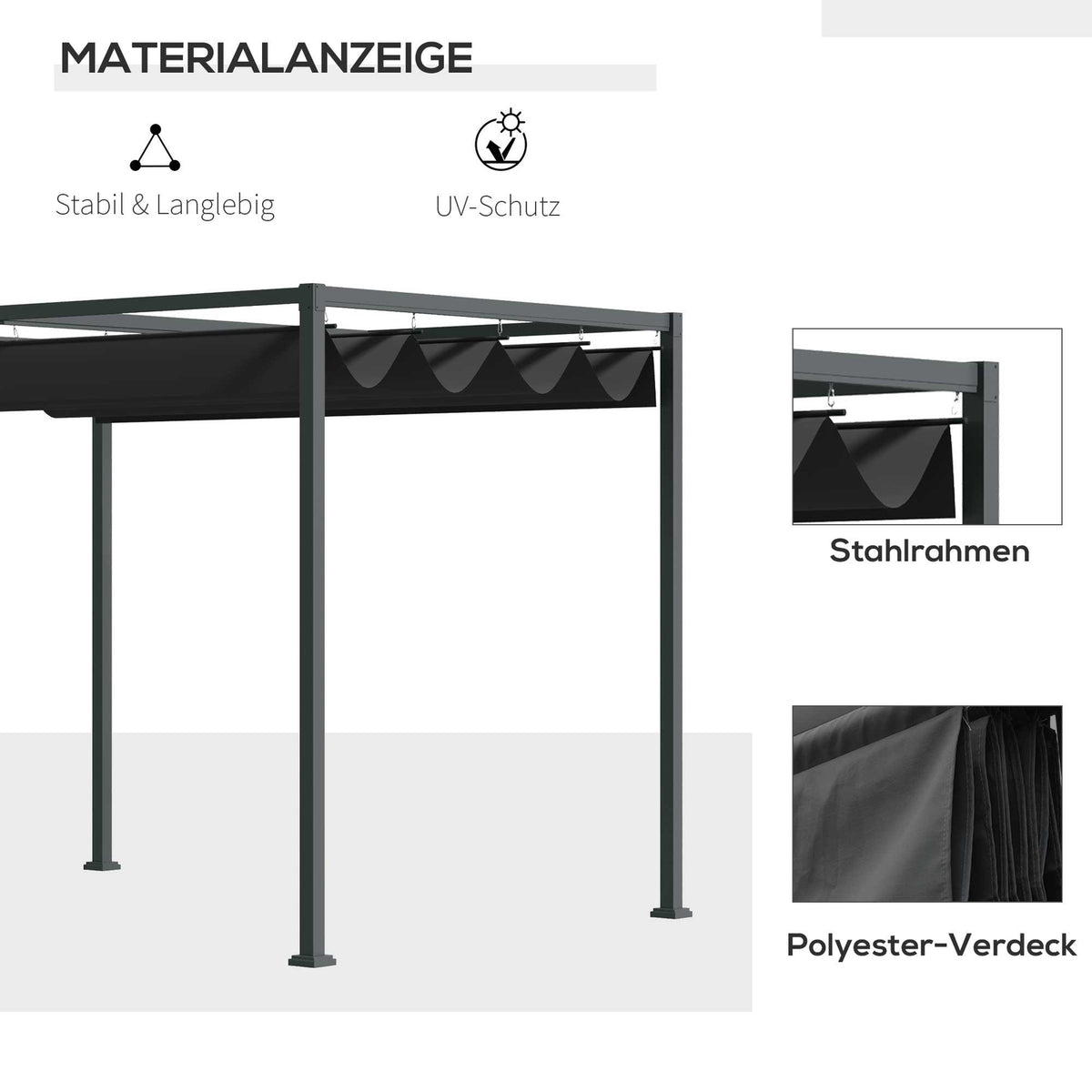 Pergola Gazebo Patio Canopy With Sliding Roof, Polyester, Black+Grey, 298X213X221Cm