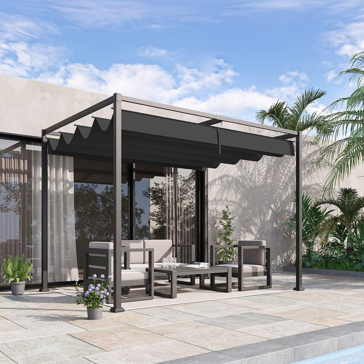 Pergola Gazebo Patio Canopy With Sliding Roof, Polyester, Black+Grey, 298X213X221Cm