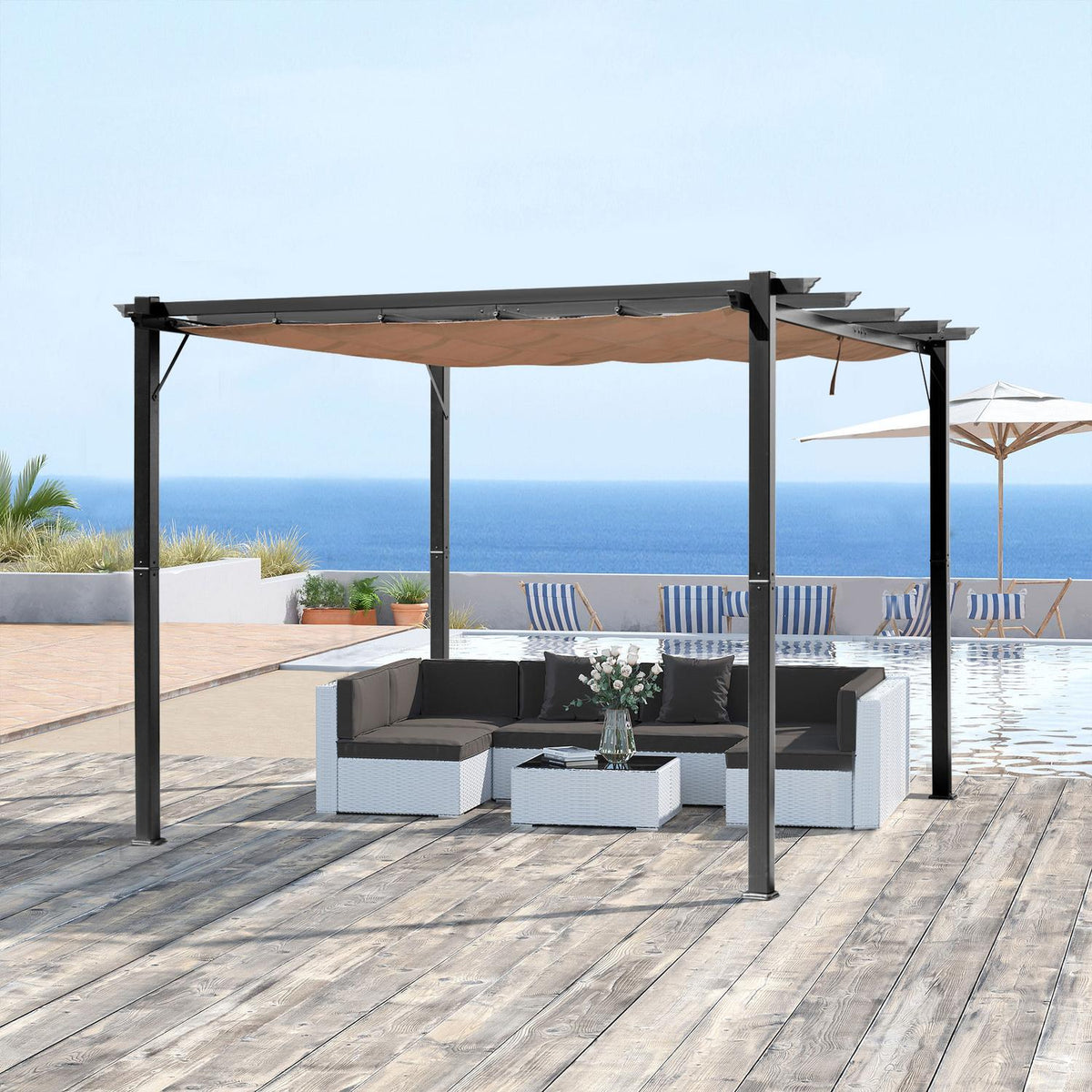 Pergola Gazebo With Adjustable Fabric Roof 3 X 4 M Patio Canopy Aluminum Sun Protection Canopy Patio Garden Gray + Brown