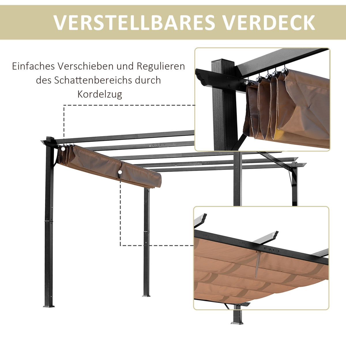 Pergola Gazebo With Adjustable Fabric Roof 3 X 4 M Patio Canopy Aluminum Sun Protection Canopy Patio Garden Gray + Brown