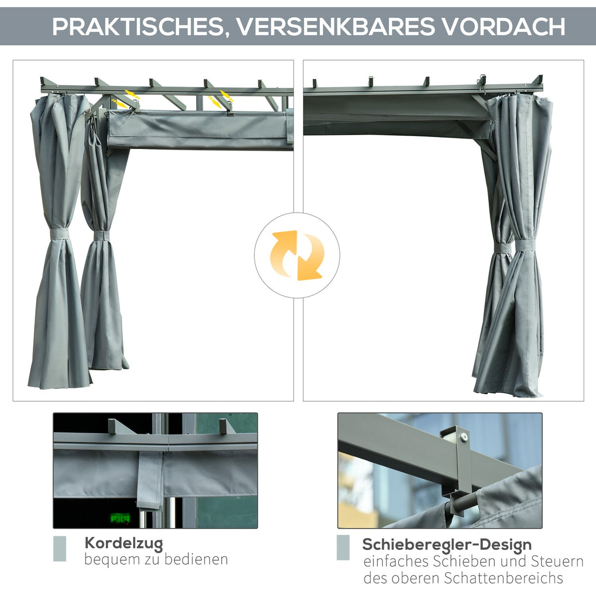 Pergola Gazebo With Adjustable Fabric Roof, Weatherproof, 3.6X3X2.27M, Steel, Grey