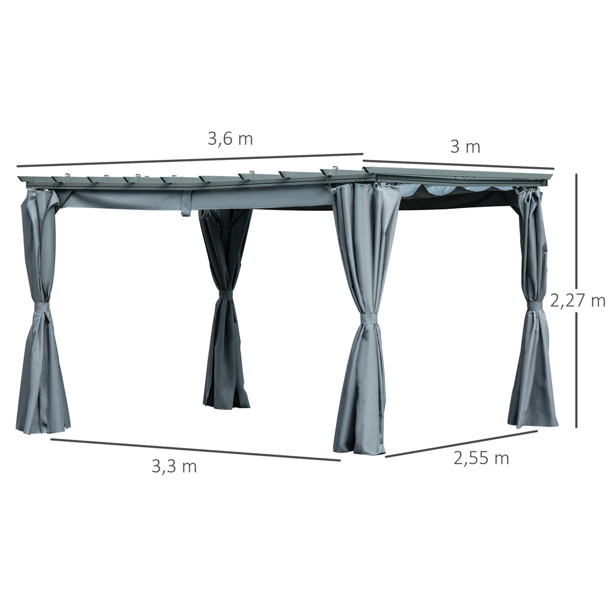Pergola Gazebo With Adjustable Fabric Roof, Weatherproof, 3.6X3X2.27M, Steel, Grey