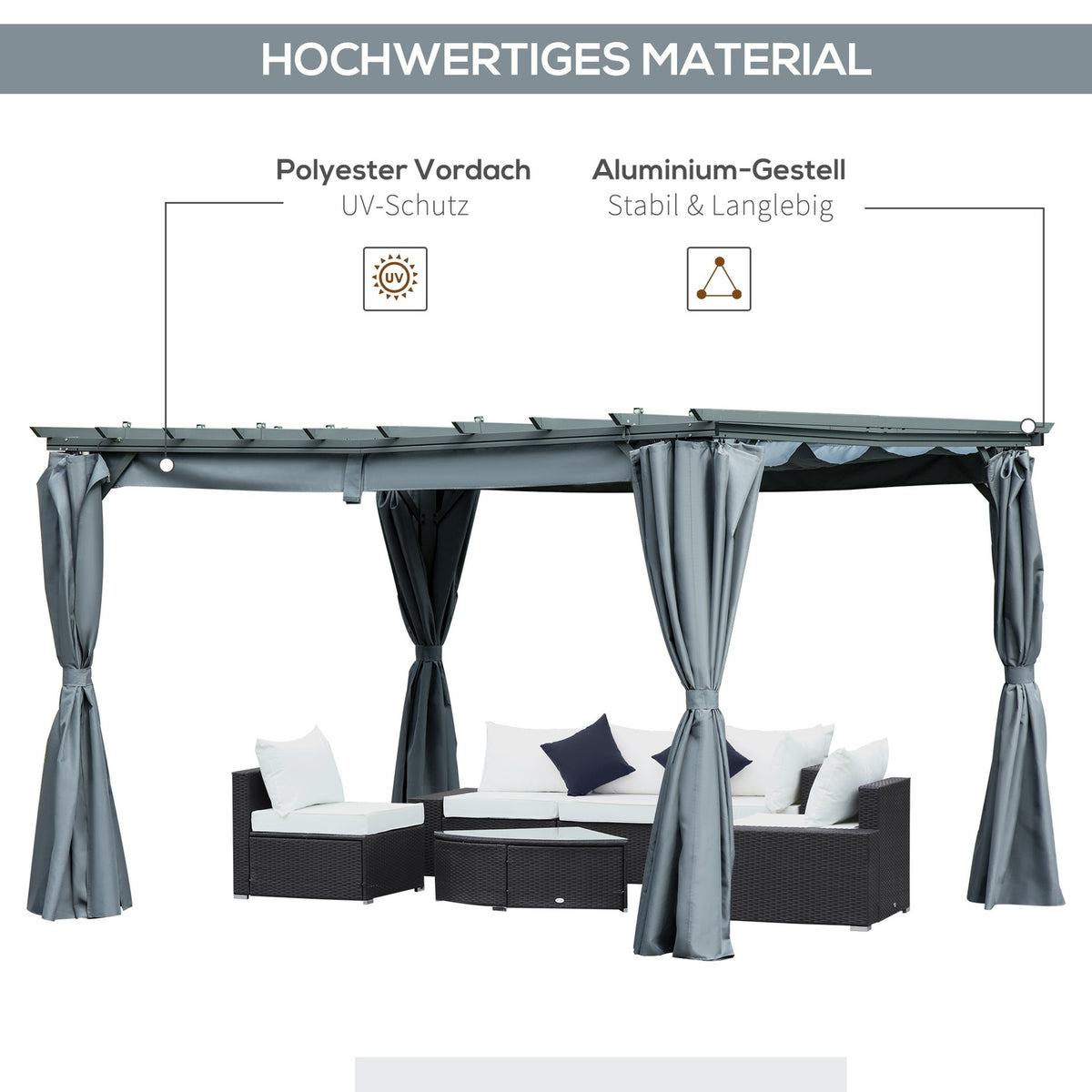 Pergola Gazebo With Adjustable Fabric Roof, Weatherproof, 3.6X3X2.27M, Steel, Grey