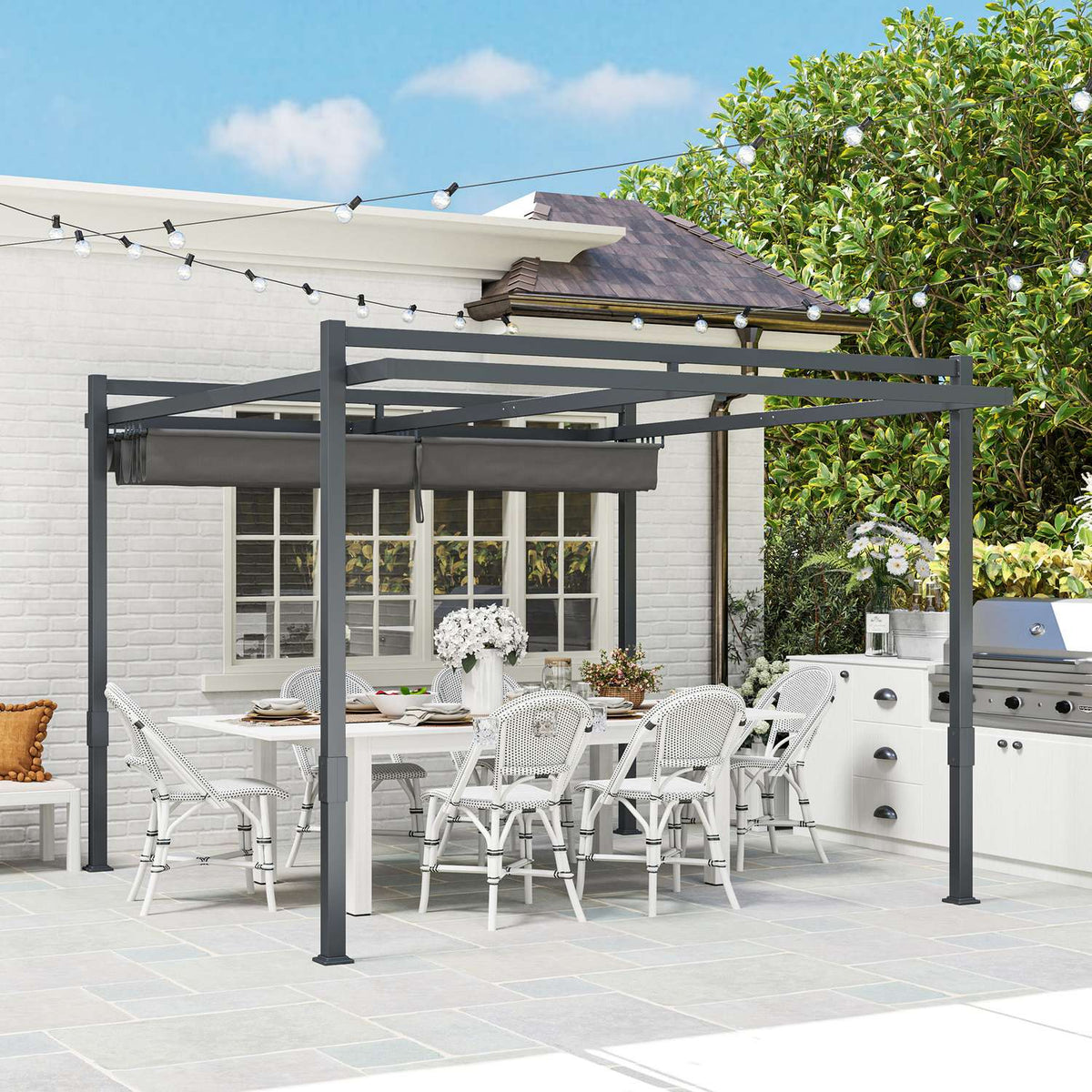 Pergola Pavilion Approx. 3.5x3m Aluminum Stable Winterproof Sun Protection with Adjustable Sliding Roof Freestanding Garden Gazebo Patio Canopy Canopy for Garden Balcony Gray