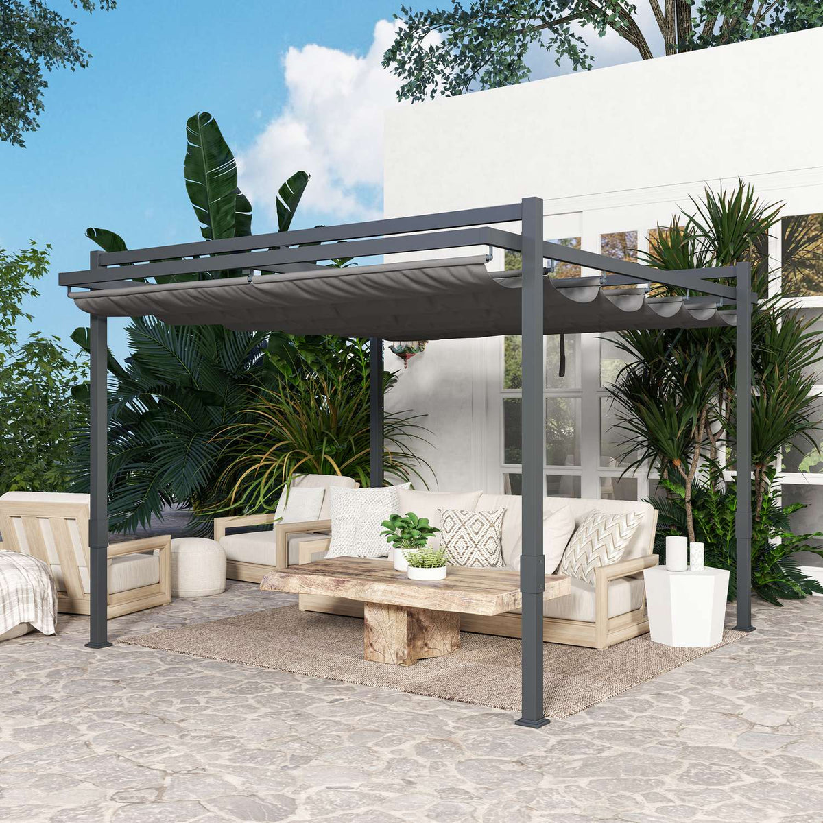 Pergola Pavilion Approx. 3.5x3m Aluminum Stable Winterproof Sun Protection with Adjustable Sliding Roof Freestanding Garden Gazebo Patio Canopy Canopy for Garden Balcony Gray