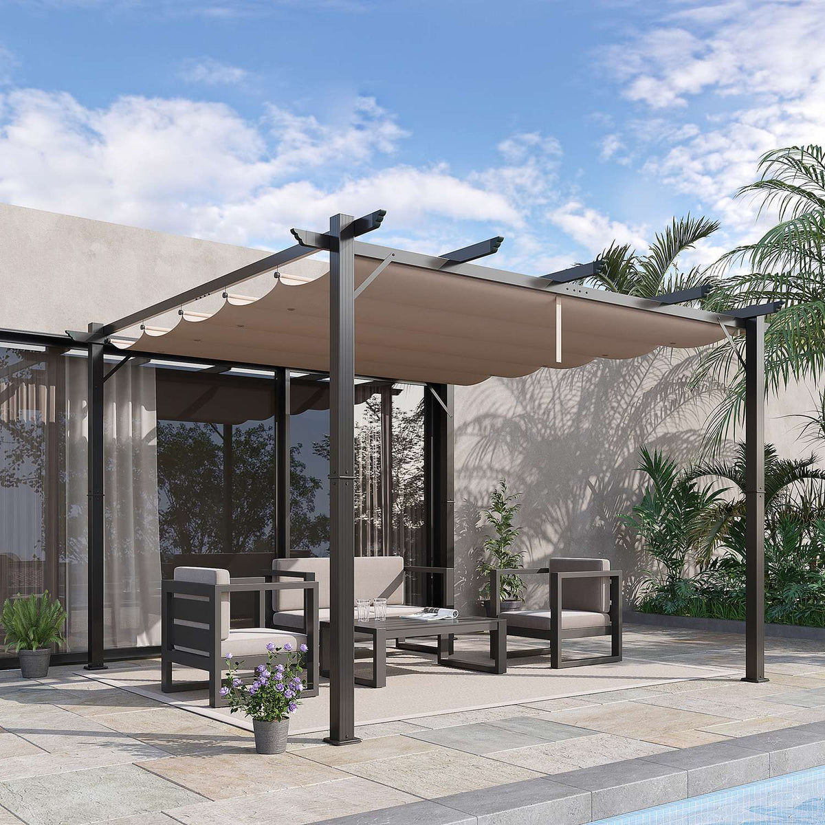 Pergola Pavilion Patio Canopy With Sliding Roof Garden Aluminum Charcoal Gray + Coffee Brown 3X3X2.23 M